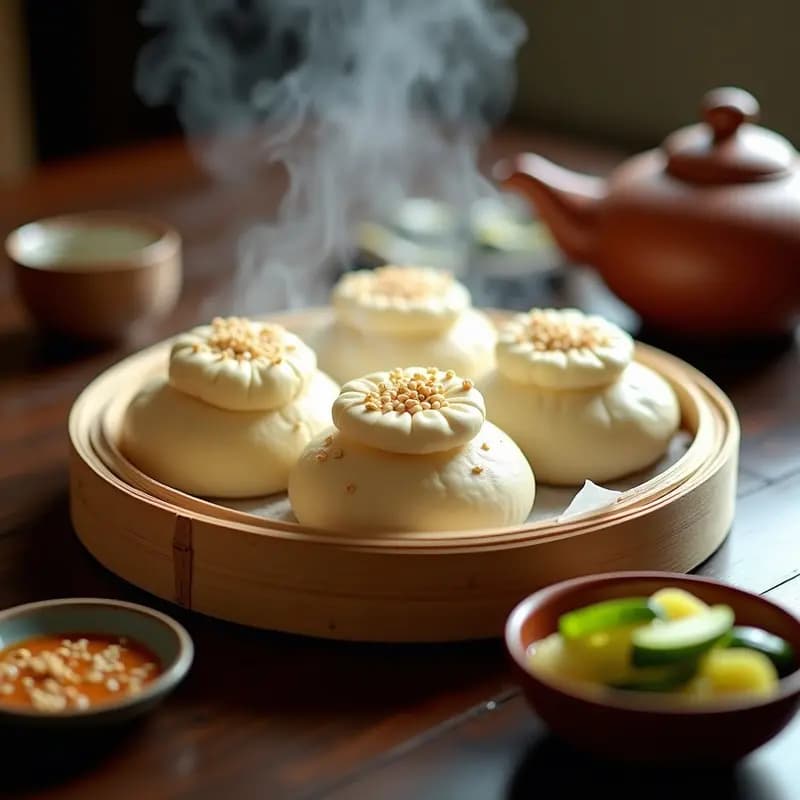 Bao buns al vapor rellenos de pollo jugoso y pepinillos en vinagre, servidos en una vaporera de bambú con hojas de cilantro fresco, receta china en Thermomix.