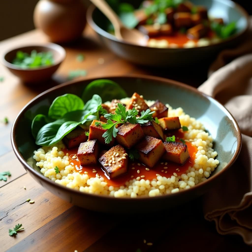 Bowl de teff integral con berenjenas asadas doradas, espinacas frescas y salsa de tamarindo brillante, decorado con semillas de sésamo y cilantro. Plato colorido y apetitoso de cocina etíope vegana.