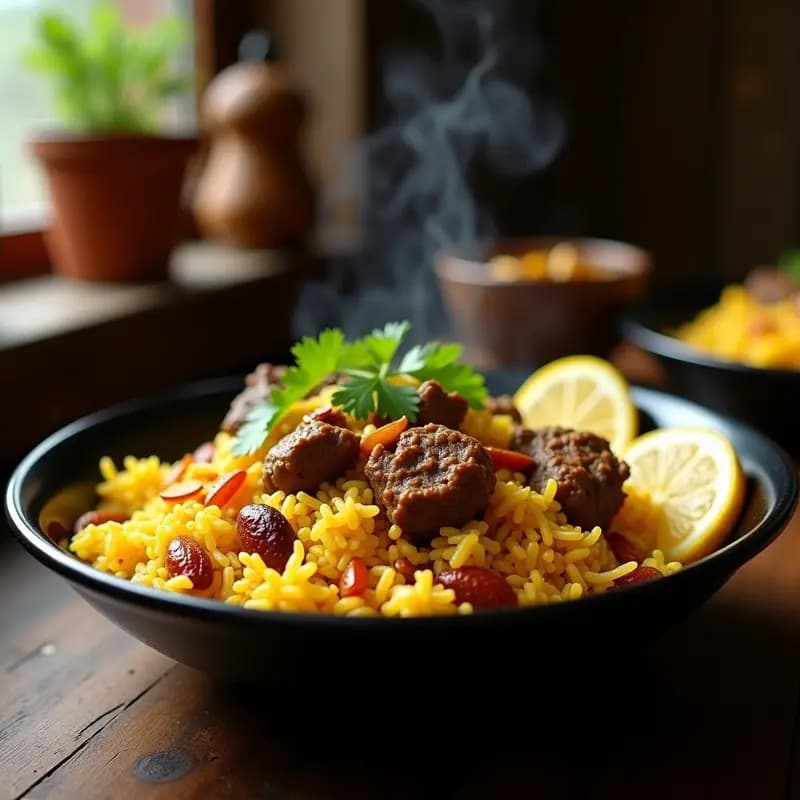 Plato hondo de cerámica negra con briyanis de cordero con azafrán y pasas, arroz basmati amarillo brillante, trozos de cordero dorado, pasas y almendras tostadas. Acompañado de hojas de cilantro fresco y rodajas de limón, sobre fondo rústico de madera oscura.