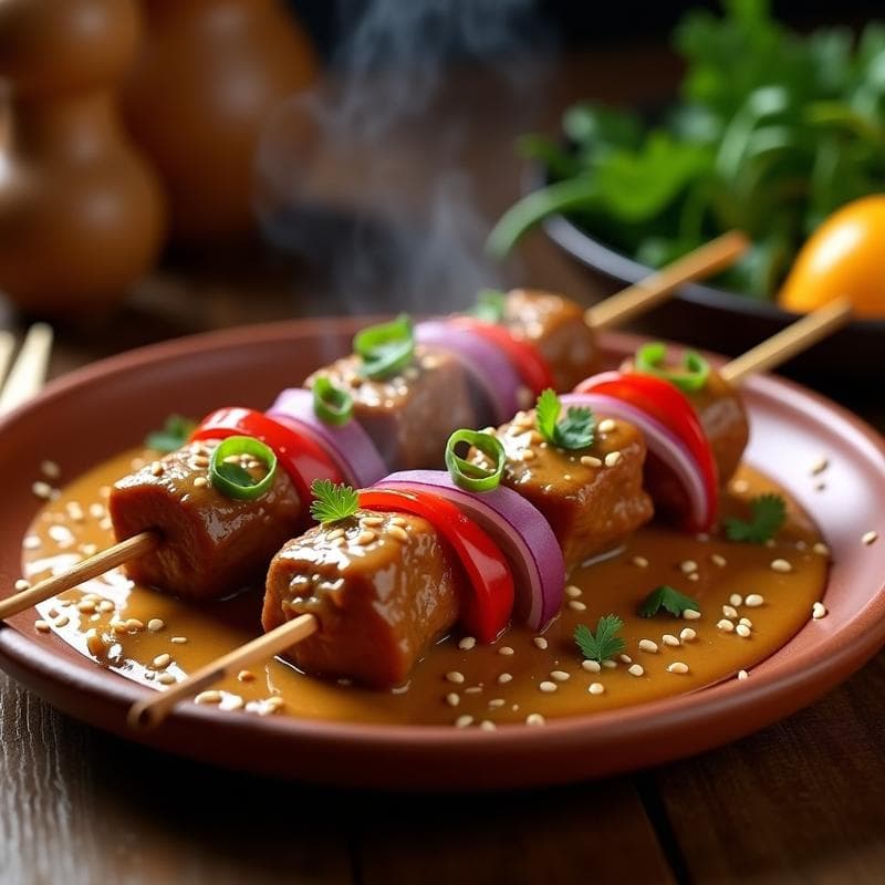 Brochetas de Pernil de Cordero Marinado en Salsa Satay: Receta Malasia en Olla Express