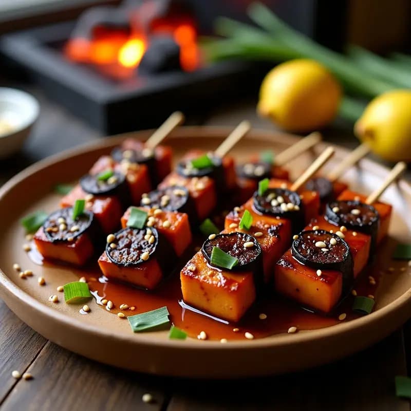 Brochetas de Tempeh y Higo Negro con Glaseado de Tamarindo: Receta Indonesa en Grill