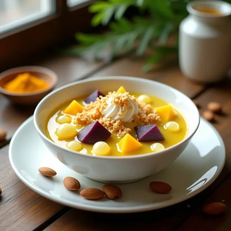 Bubur Cha Cha con Leche de Cúrcuma y Tapioca: Postre Malayo Sin Lácteos y Reconfortante