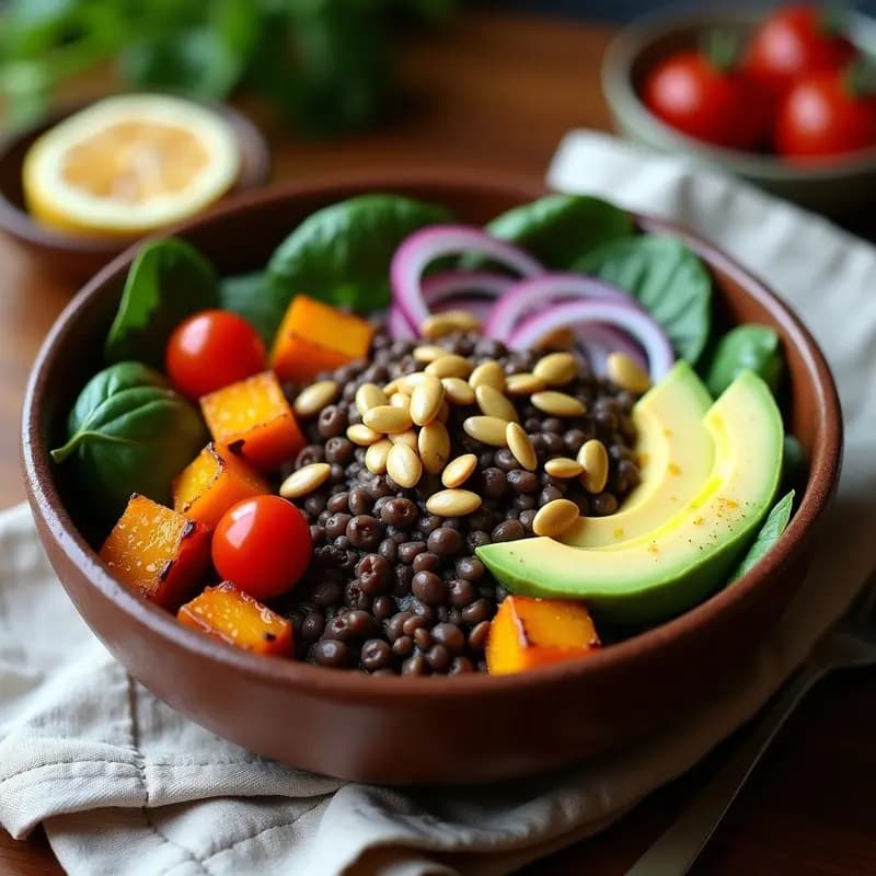 Buddha Bowl de Lentejas Negras y Calabaza: Receta Vegana y Alta en Hierro