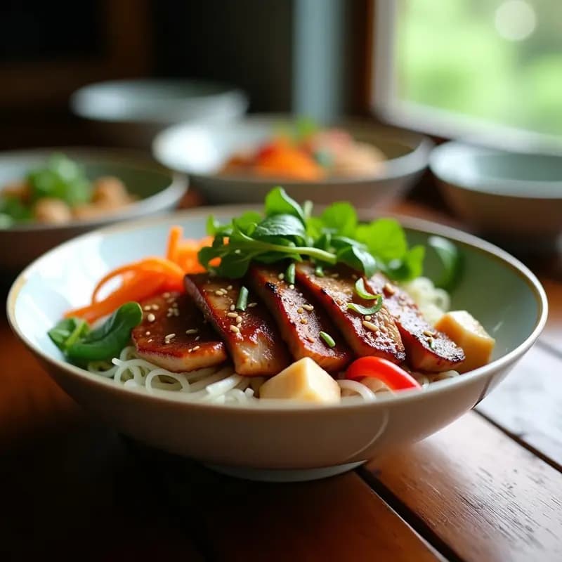 Bowl de Bun Cha vietnamita con fideos de arroz bun, filetes de cerdo dorados en sartén, hierbas frescas (menta, cilantro, perilla), lechuga, zanahoria juliana y salsa nuoc cham. Plato colorido, equilibrado y alto en proteína.
