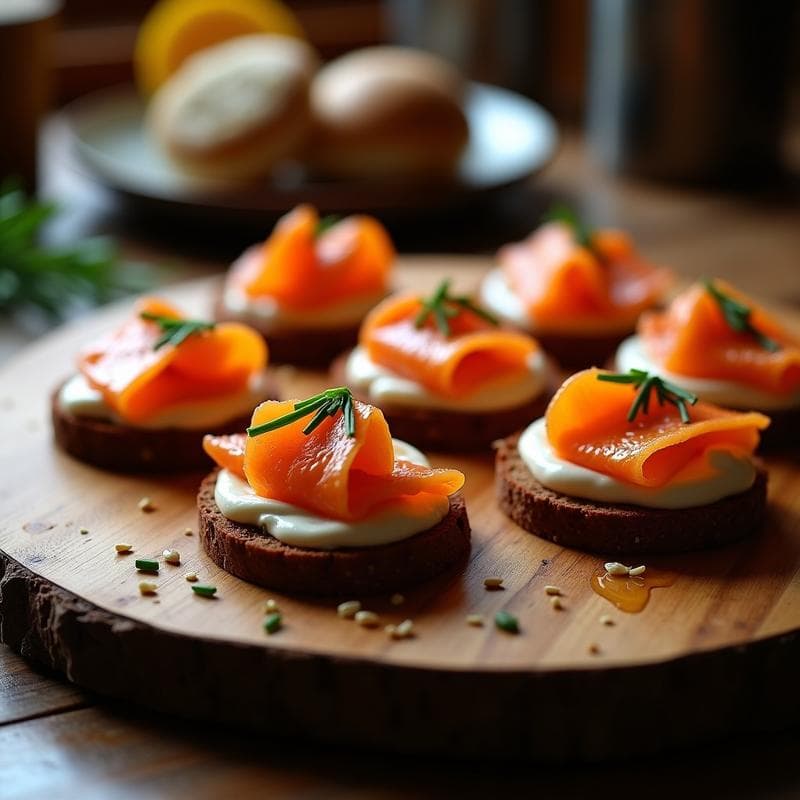 Canapés de pan de centeno con salmón marinado en whisky y miel: Aperitivo Escocés Gourmet