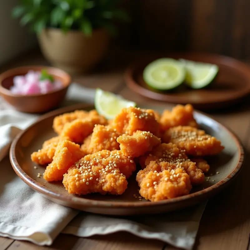Chicharrón de pollo vegano dorado y crujiente en airfryer, espolvoreado con semillas de sésamo, servido en plato rústico con salsa criolla de cebolla morada y ají amarillo al fondo.