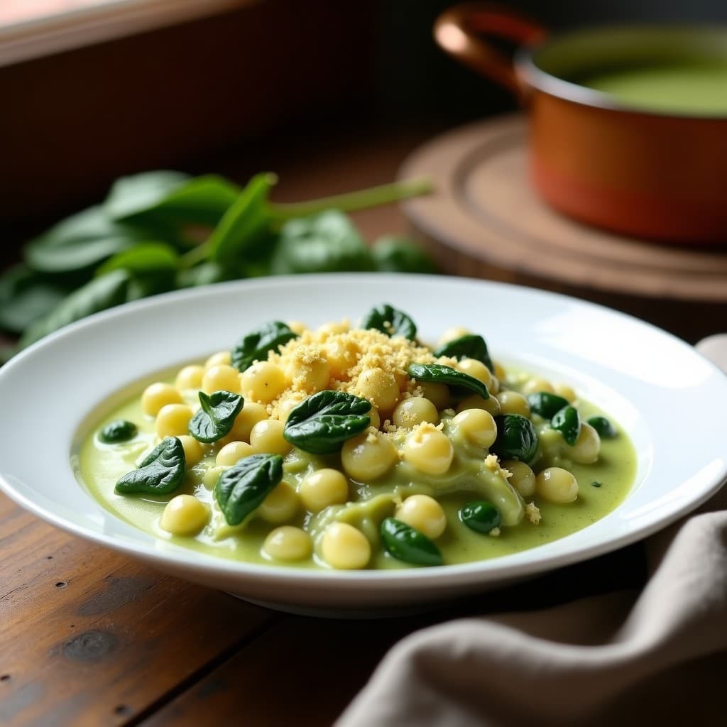 Crema de Spaetzle y Espinacas: Receta Alemana Sin Gluten con Toque Vegano