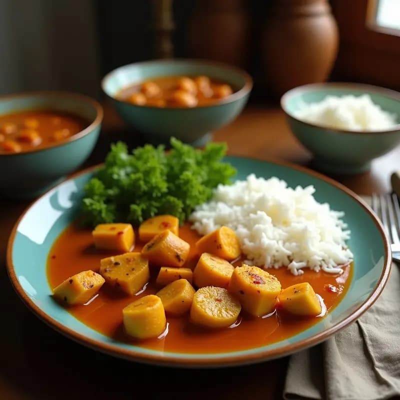 Plato hondo de barro con curry de jackfruit y coco sri lankesa vegano, trozos de jackfruit dorados bañados en salsa espesa de color ámbar, espolvoreado con anacardos tostados y hojas de curry frescas, acompañado de arroz basmati blanco.