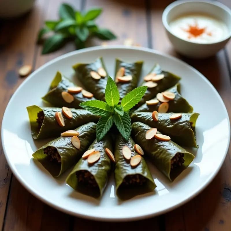 Plato blanco con dolmas de hojas de vid rellenas de arroz salvaje, especias árabes, dátiles y almendras, servidos con una rodaja de limón y hojas de menta fresca. Receta árabe vegana y sin gluten.