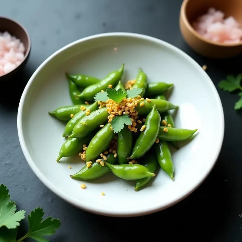 Plato blanco minimalista con edamame trufado brillante, decorado con escamas de sal de Himalaya, ralladura de limón, semillas de sésamo y hojas de cilantro. Fondo oscuro para resaltar los colores verdes y dorados del aperitivo japonés elegante.