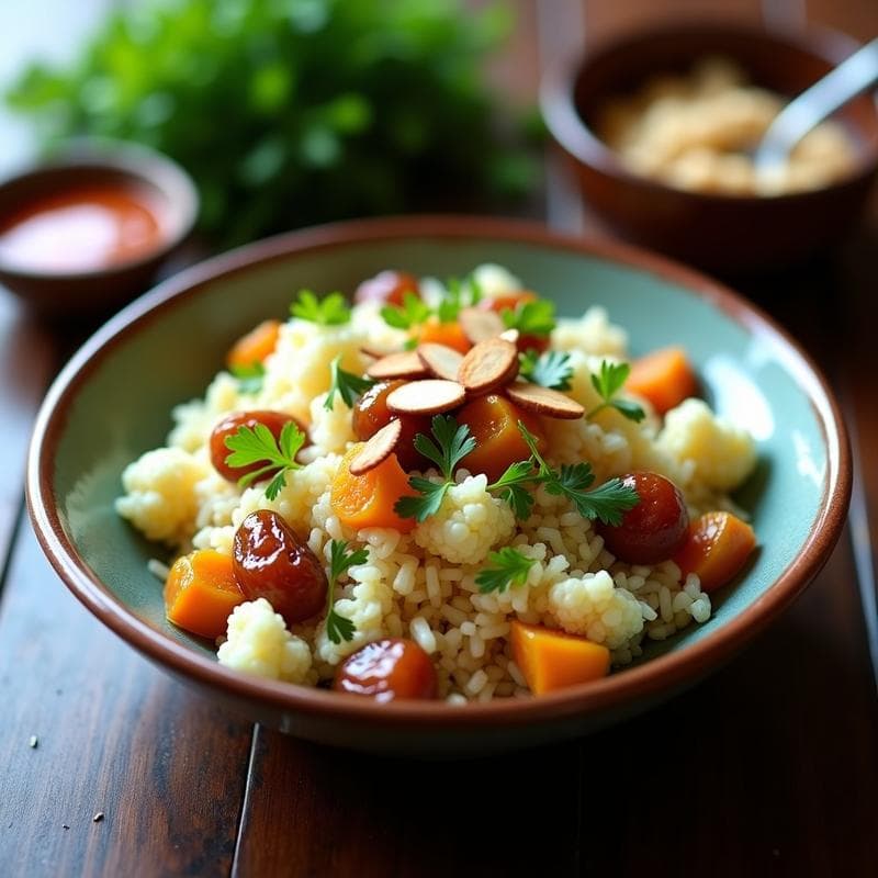 Ensalada de Cuscús de Coliflor y Dátiles con Vinagreta de Naranja Amarga: Receta Marroquí en 15 Minutos