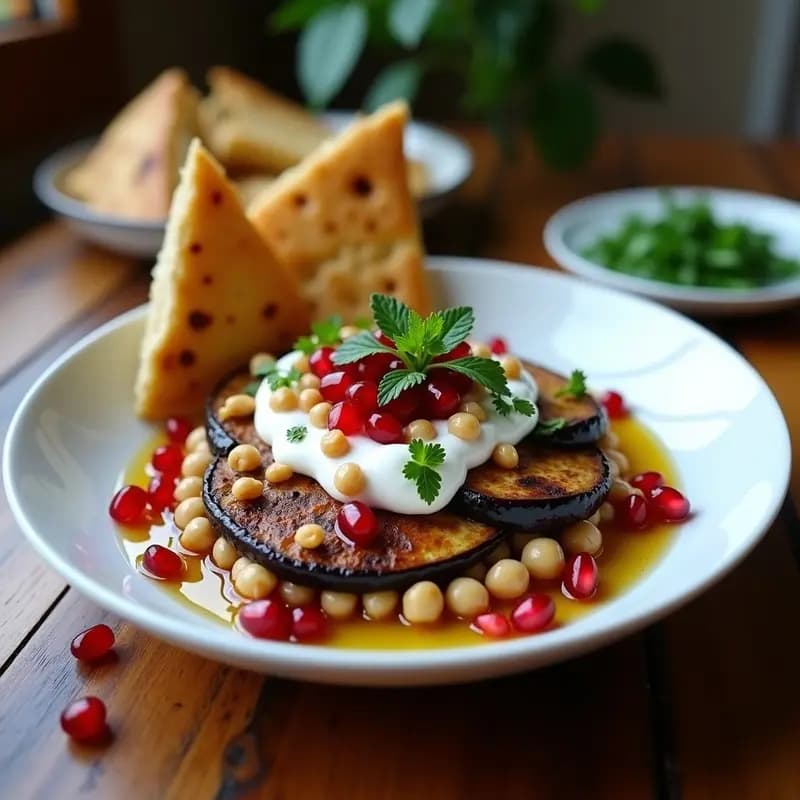 Fatteh de Berenjena Asada y Yogur de Soja con Granadas: Receta Palestina Vegana y Sin Lactosa