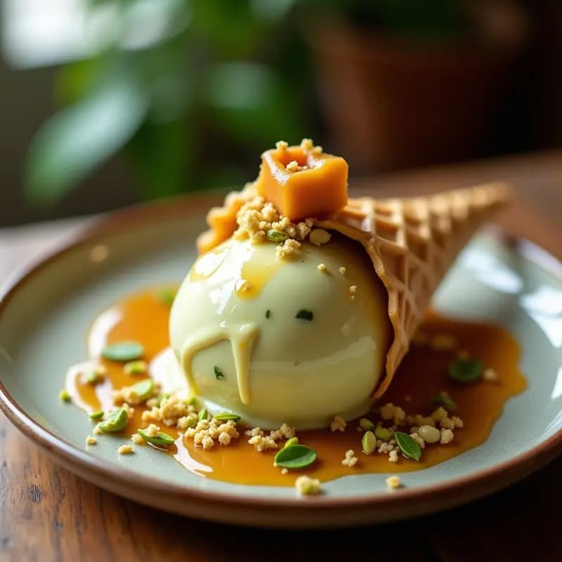 Gelato de Pistacho y Cardamomo con Trozos de Baklava: Postre Turco-Italiano Sin Lácteos