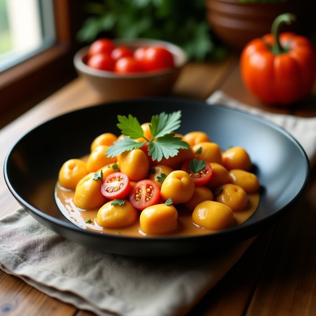 Gnocchis de Ñame y Azafrán: Receta Africana Vegana en Olla Express con Salsa de Cacahuete