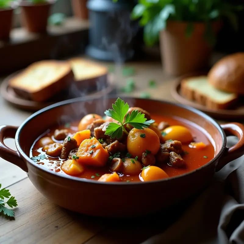 Olla de barro con goulashúngaro de jackfruit vegano: estofado espeso de color rojizo con trozos de jackfruit desmenuzada, patatas doradas y pimientos, espolvoreado con pimentón ahumado. Acompañado de una rebanada de pan de centeno y perejil fresco.