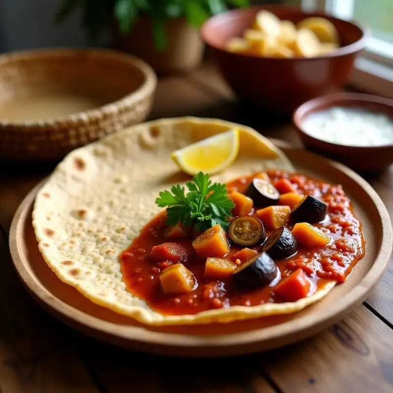 Injera de Teff con Estofado de Berenjena y Tomate: Receta Etiopía Vegana y Sin Gluten
