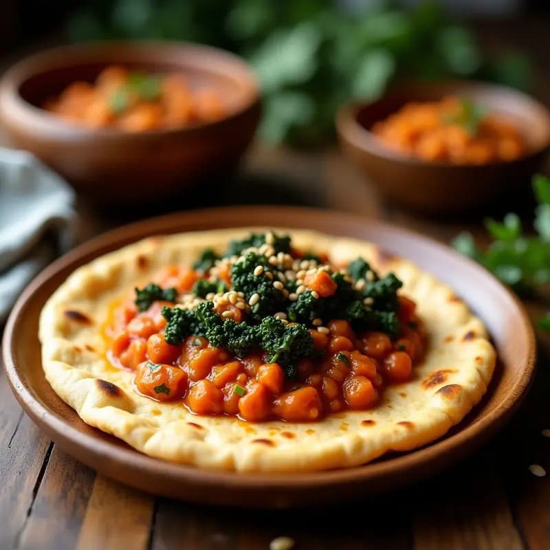 Injera con Wat de Lentejas Rojas y Col Rizada: Receta Etíope Vegana en Sartén