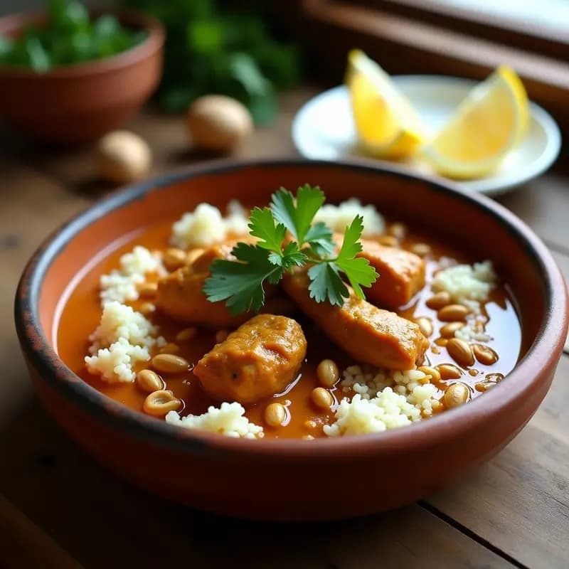 Plato hondo de barro con mafé africano west keto: pollo estofado en salsa cremosa de cacahuete y especias, servido sobre arroz de coliflor blanco. Decorado con cacahuetes tostados, cilantro fresco y rodajas de limón.