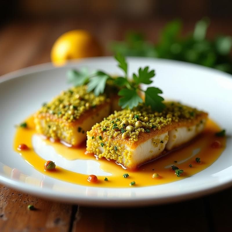 Merluza en Costra de Pistacho: Receta Gourmet con Salsa de Limón Confitado
