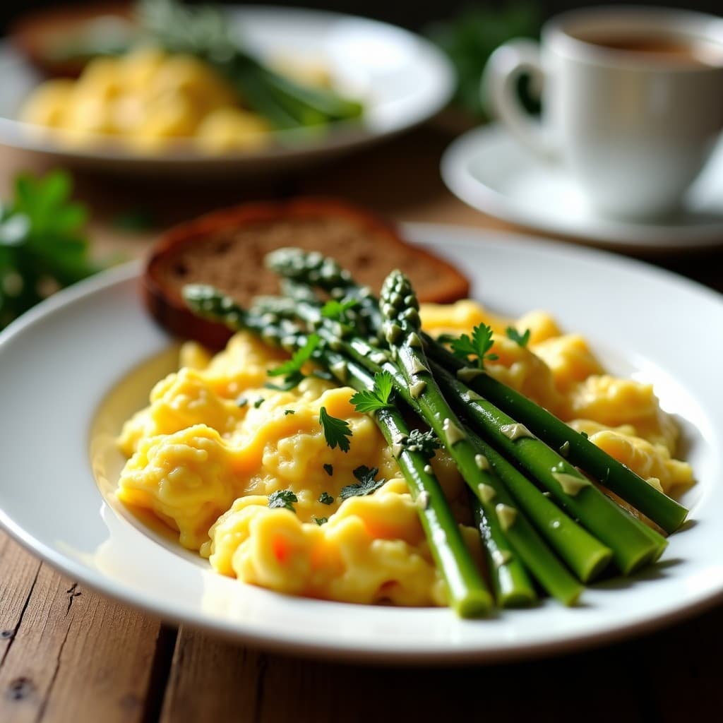 Revuelto de Espárragos Pegatinos y Huevos de Codorniz: Desayuno Alto en Proteína con Toque Gourmet