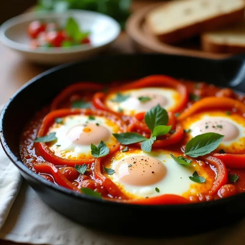 Sartén de hierro fundido con shakshuka de claras de huevo cuajadas sobre salsa de tomate espesa y pimientos asados en tiras, espolvoreada con cilantro fresco. Plato tunecino alto en proteína y bajo en calorías.