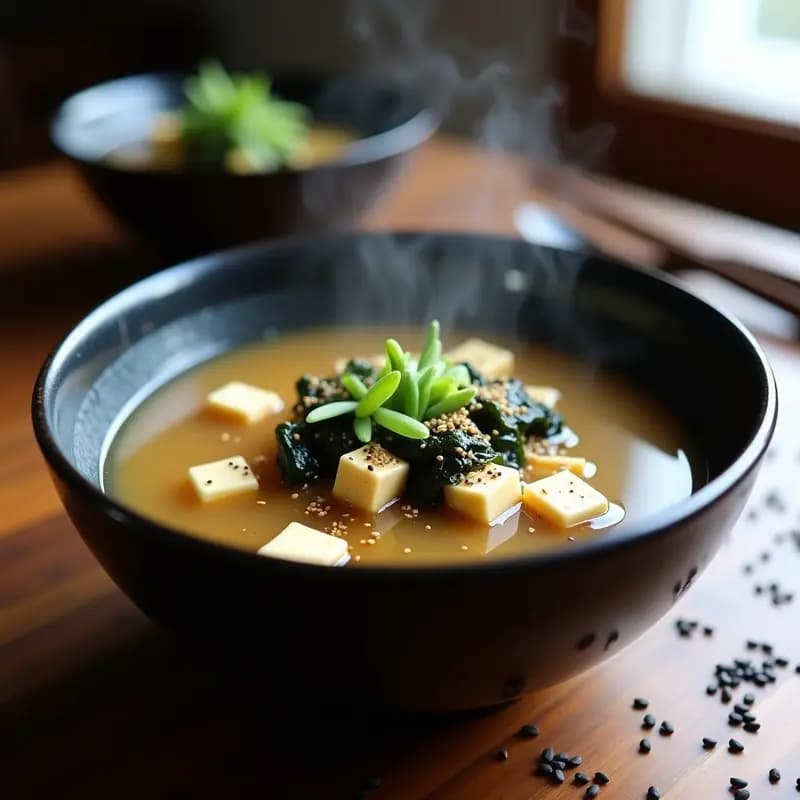 Cuenco de cerámica negra con sopa de miso humeante, trozos de tofu, algas wakame y jejenes crujientes espolvoreados por encima, decorado con cebollino y semillas de sésamo.