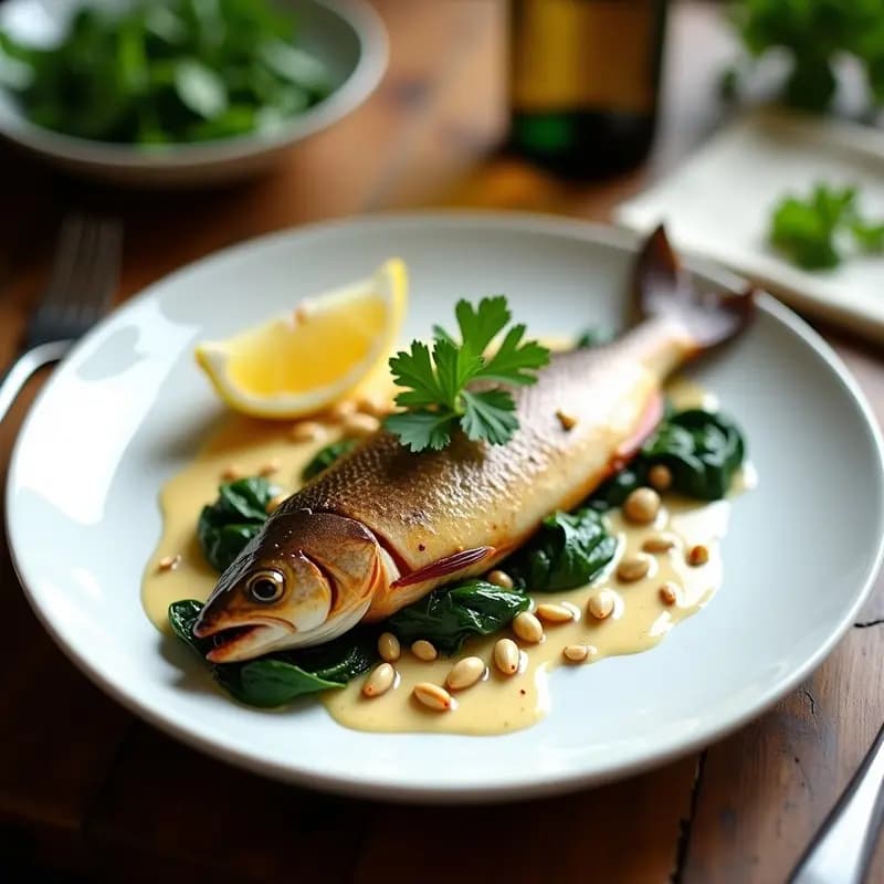 Trucha Rellena de Espinacas y Piñones con Salsa de Vino Blanco: Receta Española de Río