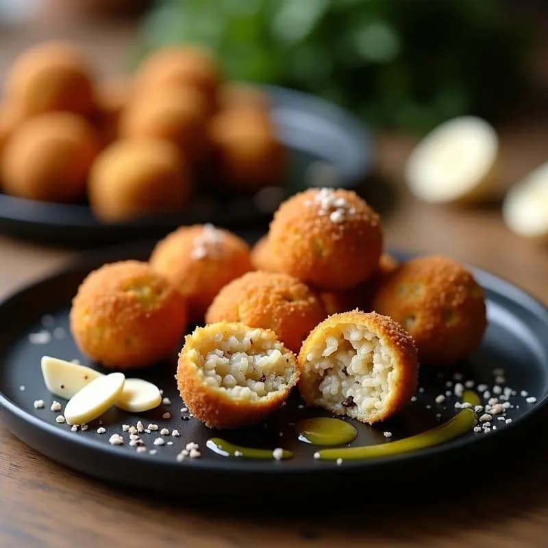 Arancini dorados y crujientes de hongos porcini y trufa blanca servidos en plato negro, con virutas de trufa blanca y aceite de trufa por encima, fondo borroso de cocina elegante.