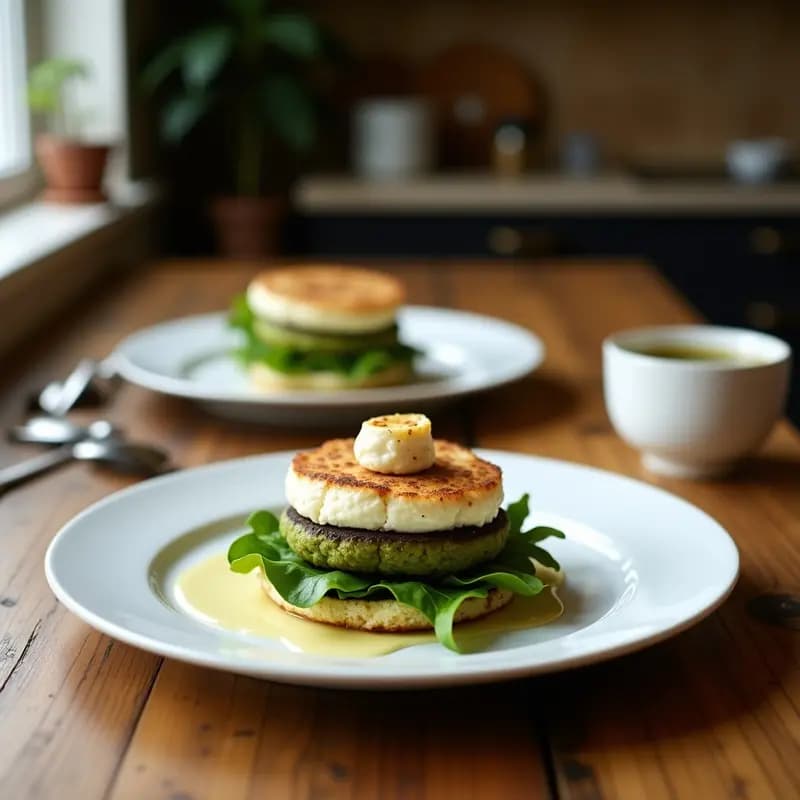 Arepas de spirulina y queso fresco, desayuno venezolano rico en proteínas, con color azul-verde vibrante y relleno cremoso, servidas en plato rústico con huevo frito y semillas de chía.