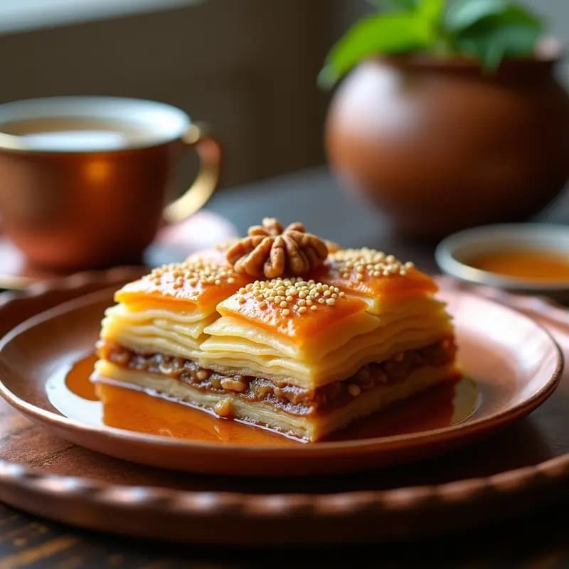 Baklava turco clásico cortado en diamantes, con capas doradas de masa filo, nueces tostadas y bañado en sirope brillante de miel y agua de rosas, espolvoreado con semillas de sésamo.