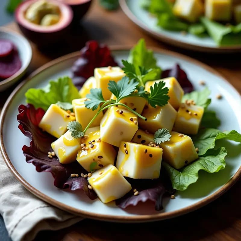Plato hondo blanco con ceviche de corvina y maracuyá con leche de tiger cremosa, decorado con semillas de sésamo, hojas de cilantro y mitades de maracuyá sobre lechuga morada, receta peruana gourmet.