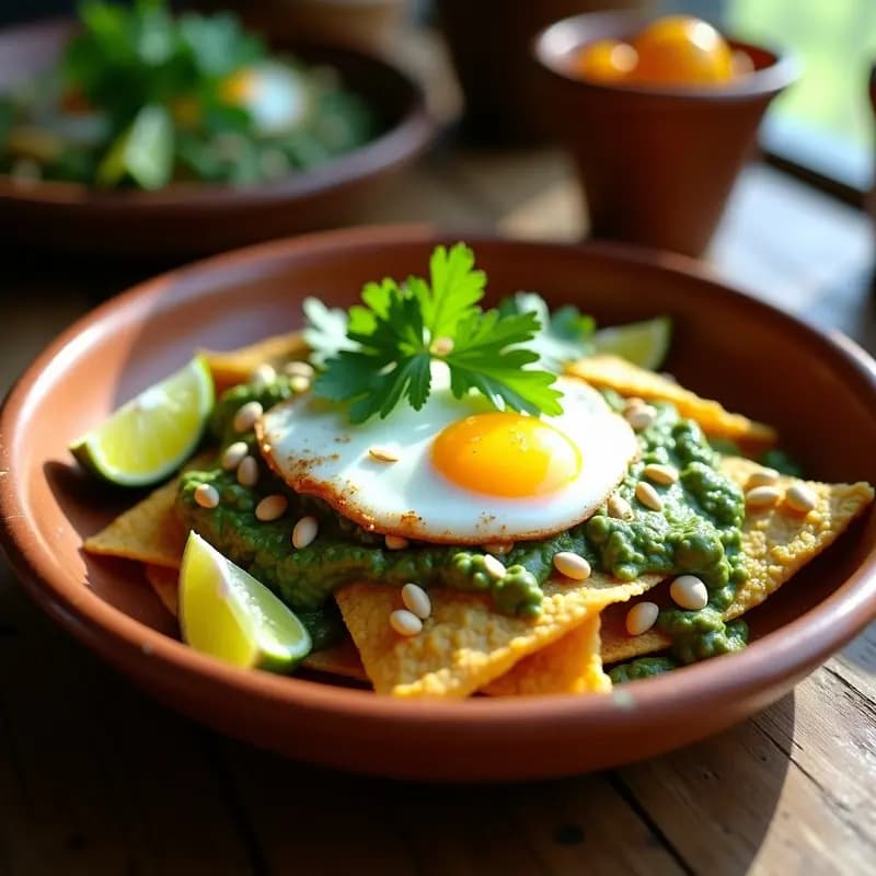 Plato hondo de barro con chilaquiles verdes mexicanos: tortillas de maíz azul tostadas y crujientes bañadas en salsa verde cremosa de aguacate, coronadas con huevo pochado de yema líquida, queso cotija desmenuzado y cebolla morada en juliana. Receta alta en proteína y sin gluten.