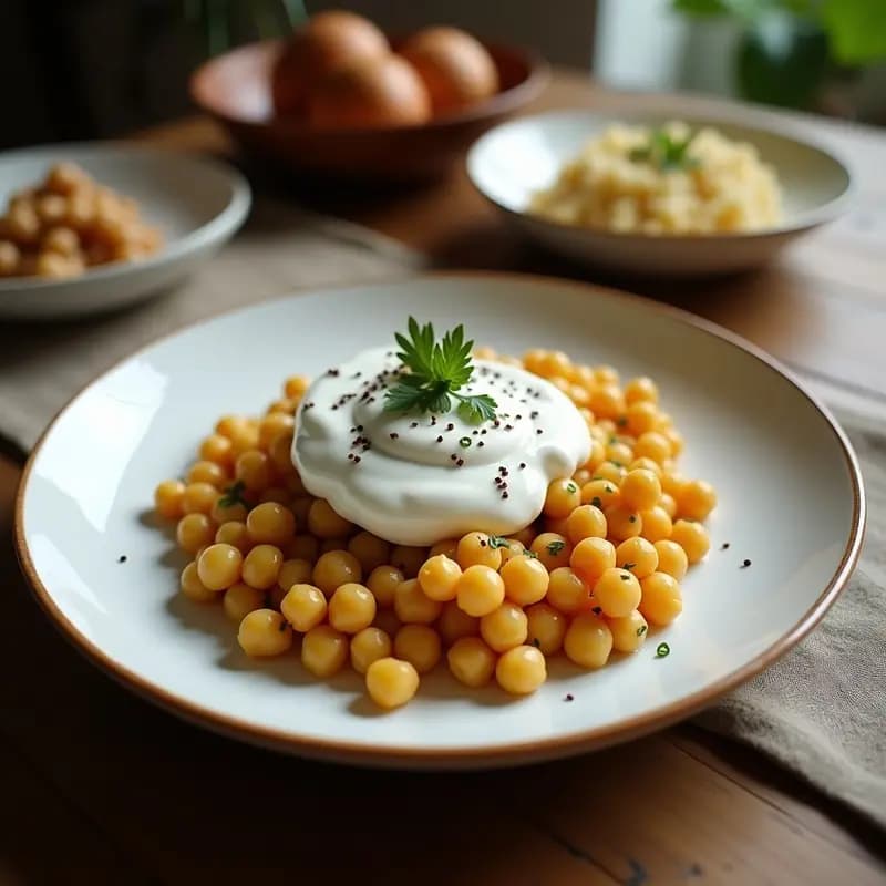 Fattah egipcio vegano en fuente de barro con capas de pan pita tostado, garbanzos dorados y salsa cremosa de yogur de coco, decorado con cilantro fresco, almendras fileteadas y semillas de sésamo.