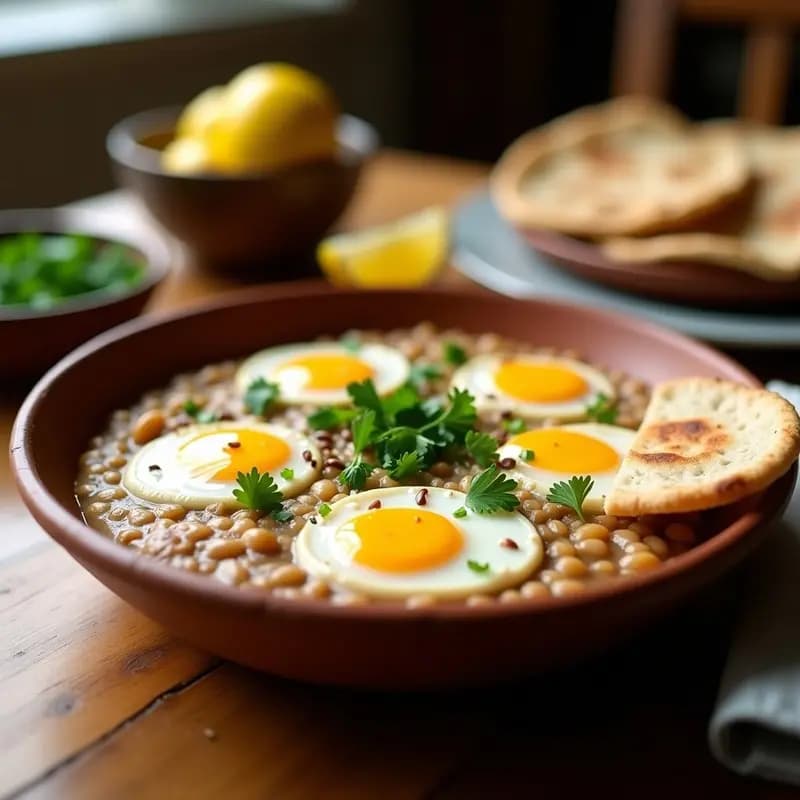 Bol hondo de barro con ful medames cremoso, habas especiadas con comino y cilantro, coronado con huevos poché veganos de tofu sedoso, perejil fresco y pan de pita integral tostado al lado. Receta egipcia vegana alta en proteína.
