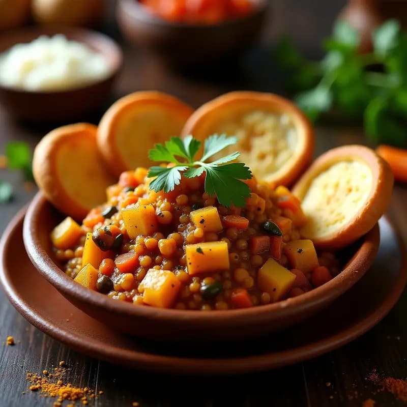 Plato hondo de barro con Pav Bhaji Indio: puré espeso de vegetales tostados con tono dorado, rodeado de panecillos suaves dorados en mantequilla clarificada, decorado con cilantro fresco y servido en estilo callejero de Mumbai.