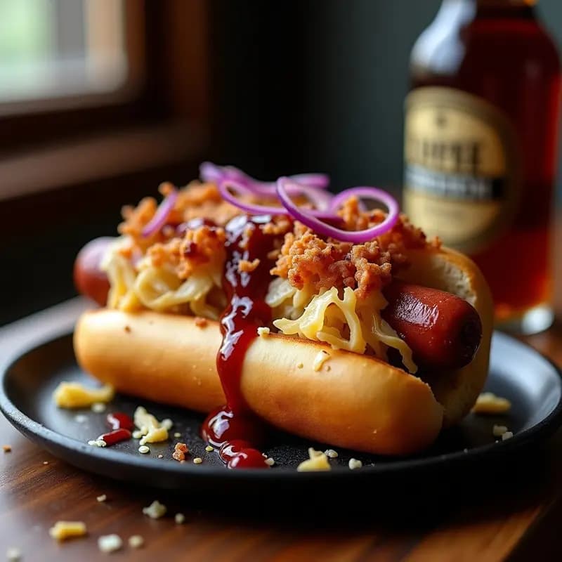 Perro Caliente XXL con Chucrut Frito, Queso Azul y Salsa de barbacoa de Cereza: Receta de Comida Callejera Gourmet