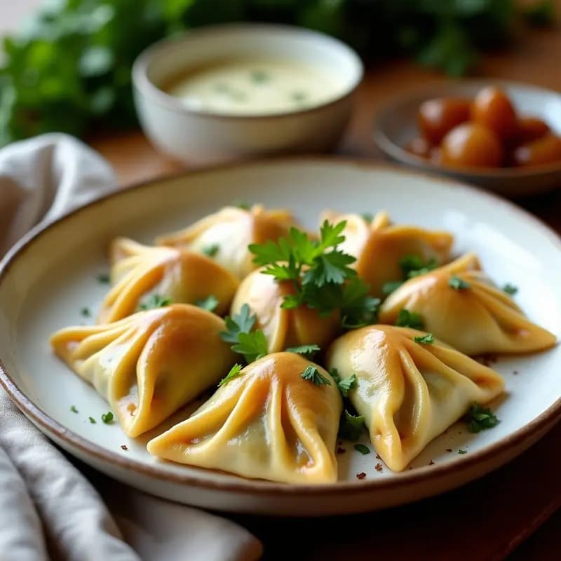Plato blanco con pierogi polacos dorados rellenos de espinacas y tofu, espolvoreados con perejil fresco. Al fondo, cebolla caramelizada y un cuenco de crema de anacardos. Receta vegana de pierogi en olla lenta.