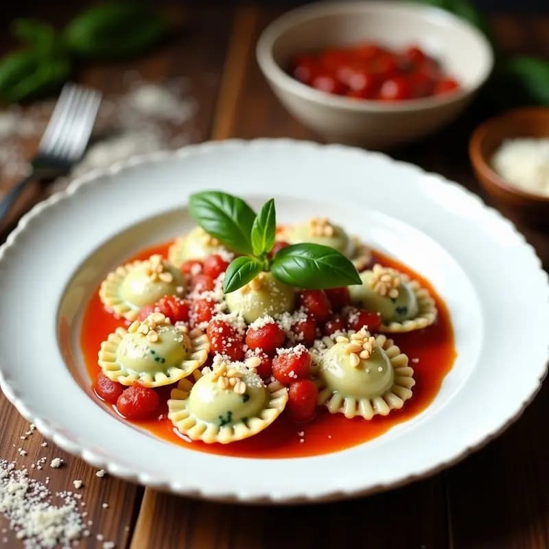 Plato blanco con raviolis de espinaca y requesón sin huevo, bañados en salsa de tomate seco y albahaca fresca, receta italiana saludable.