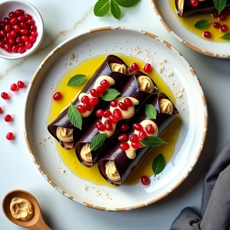 Rollitos de Berenjena Ahumada con Crema de Tahini y Granadas: Entrante Libanés con Toque Moderno