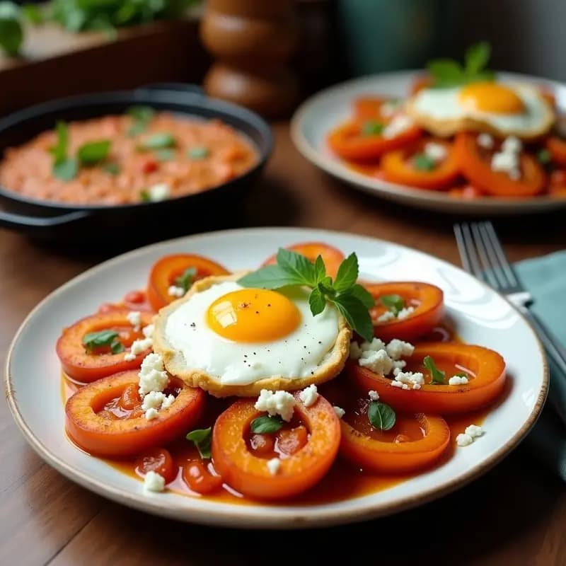 Sartén de hierro fundido con shakshuka de calabaza butternut asada en cubos dorados, huevos escalfados con yema líquida, queso feta desmenuzado, semillas de granada rojas y hojas de menta fresca. Plato mediterráneo dulce y salado con toques de miel de romero.