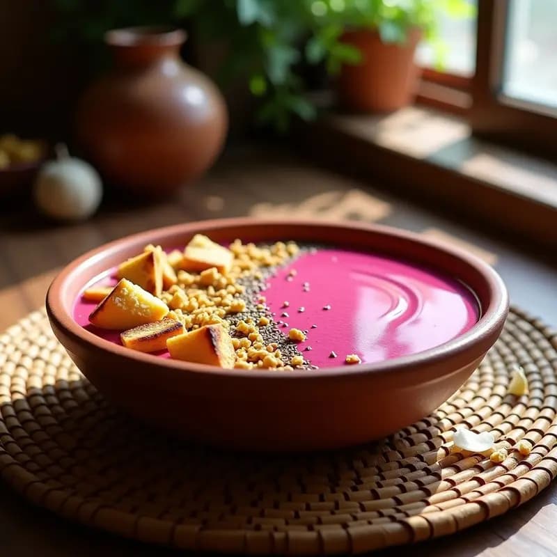 Smoothie bowl vibrante de color rosa intenso de pitaya, decorado con granola casera dorada, cubos de alveolar tostado y un hilo de miel de agave, servido en un bol de barro mexicano sobre una mesa rústica.