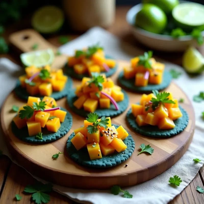 Plato de tostadas de maíz azul crujientes con ceviche de mango y pepino en cubos, bañado en jugo de limón verde, cilantro picado y semillas de sésamo tostado. Aperitivo peruano fresco y colorido sobre fondo rústico.