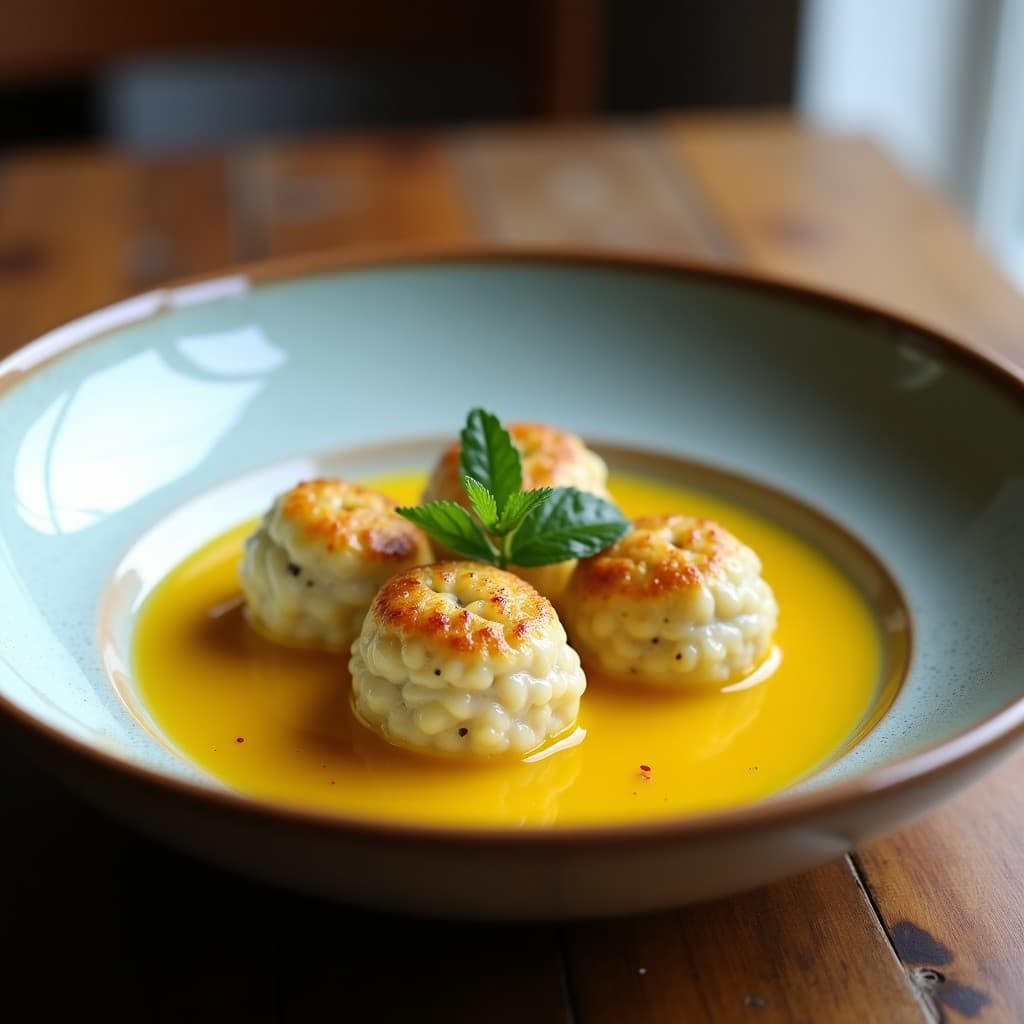 Albóndigas de choco andaluzas en salsa marinera de azafrán, servidas con pan para mojar, receta tradicional andaluza