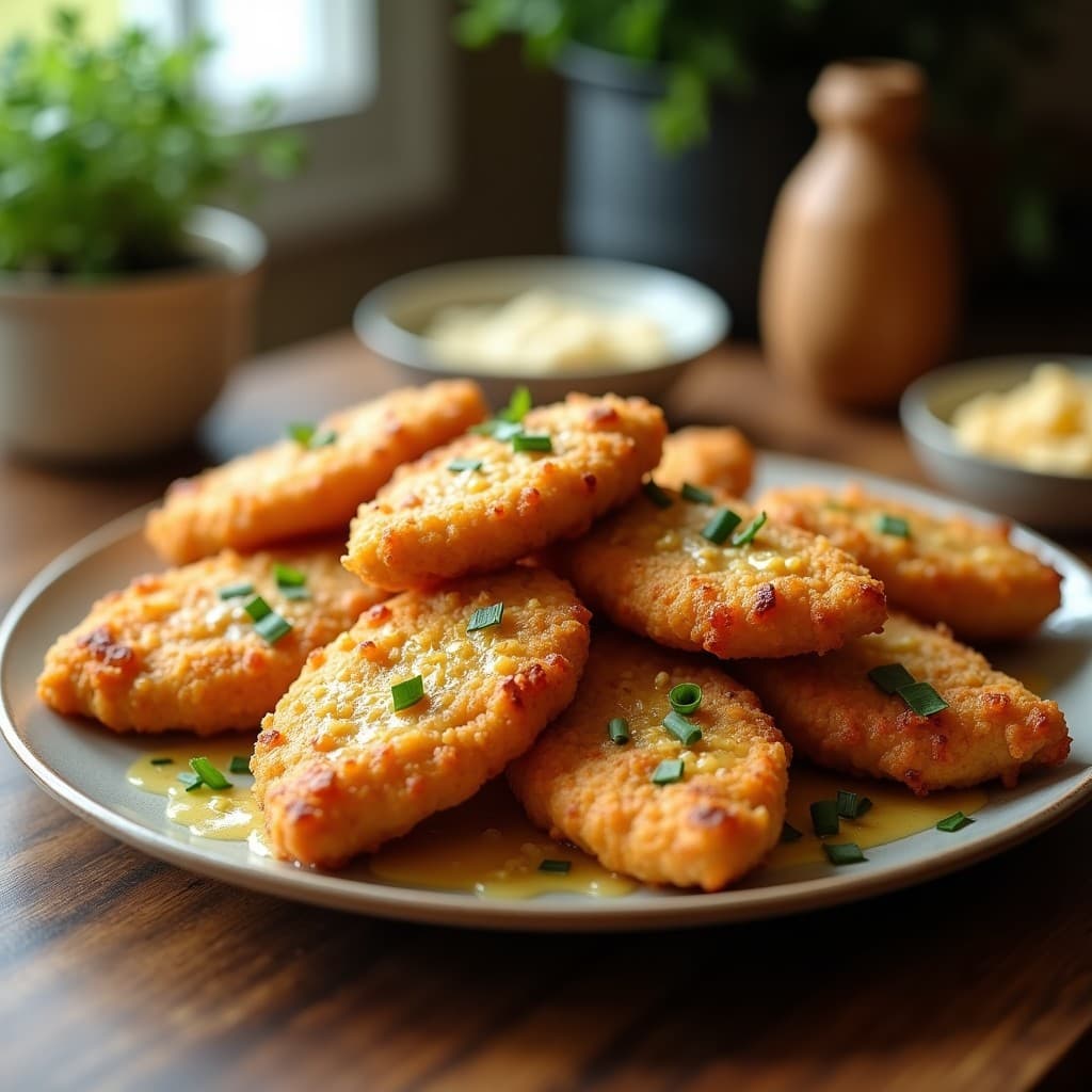 Alitas de pollo crujientes y doradas con salsa de ajo y parmesano, preparadas en air fryer, lista para servir