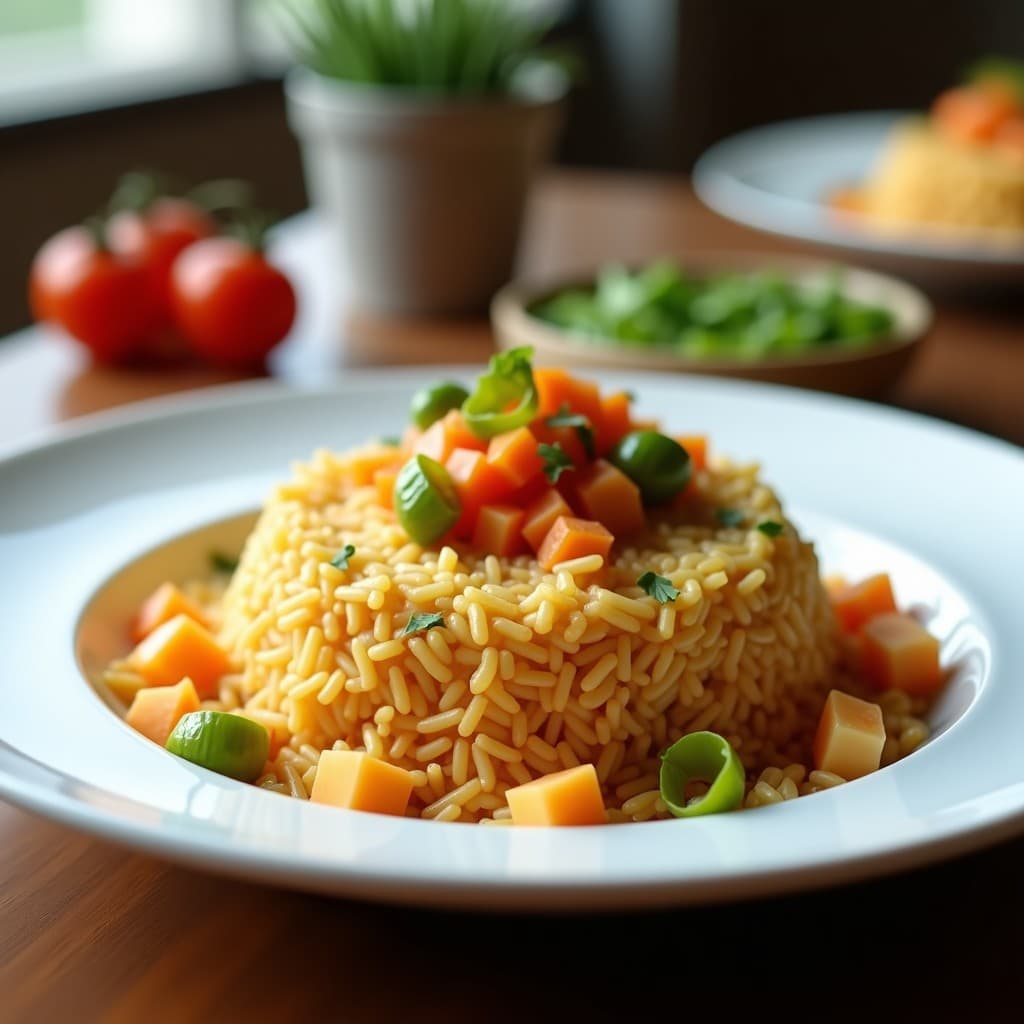 Foto de un plato de arroz frito asiático con huevos y verduras, lista para comer, arroz frito asiático
