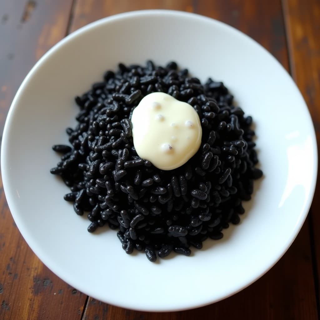 Foto de arroz negro con sepia y alioli casero, receta marinera fácil y deliciosa