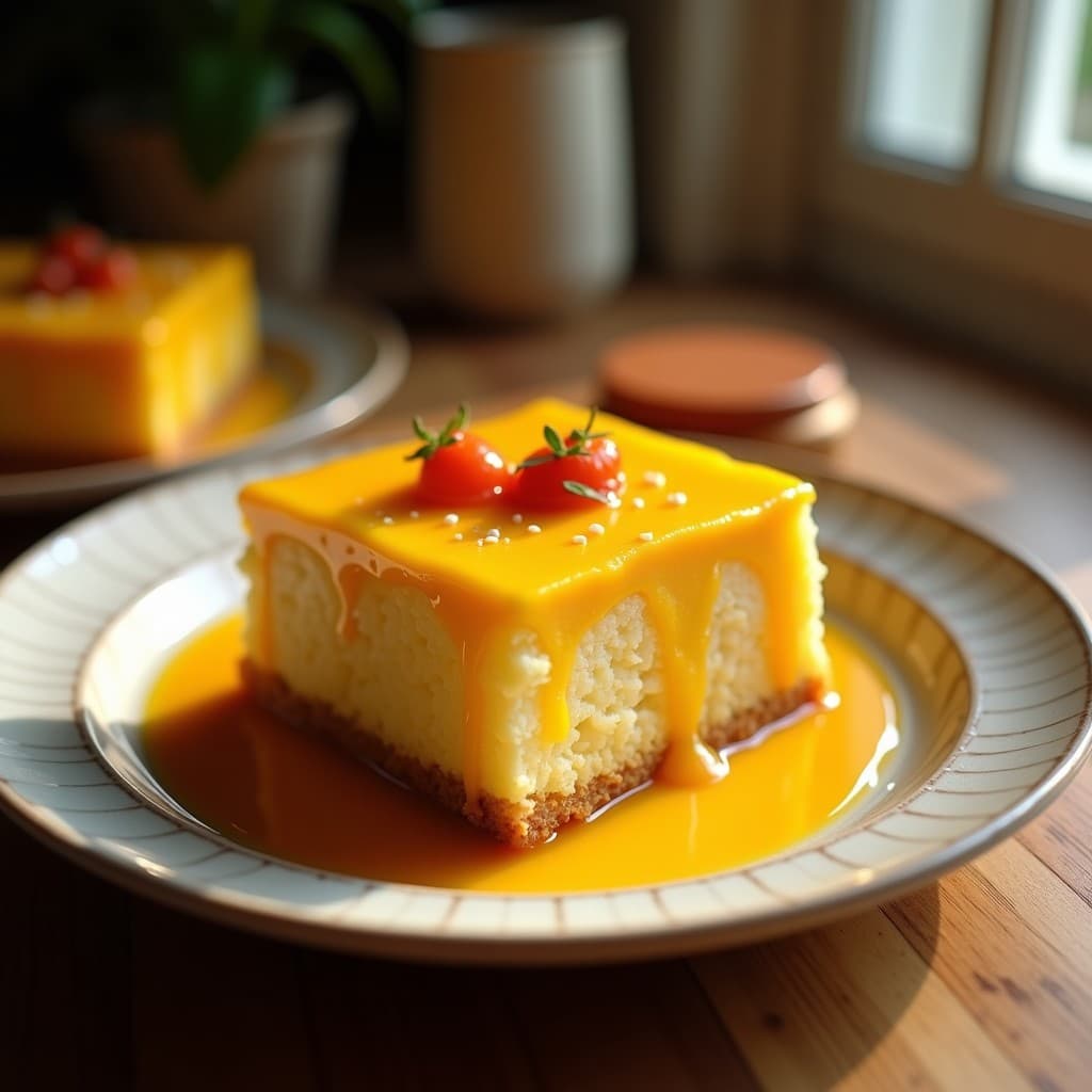 Bizcocho de naranja casero recién horneado, esponjoso y aromático, con rodajas de naranja fresca en la parte superior