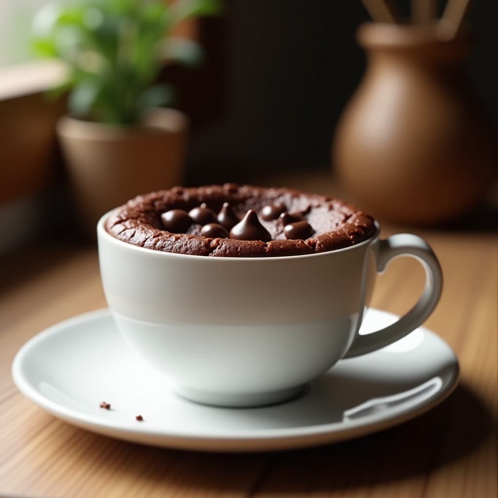 Brownie al microondas en taza, receta fácil y saludable con cacao puro y chips de chocolate negro