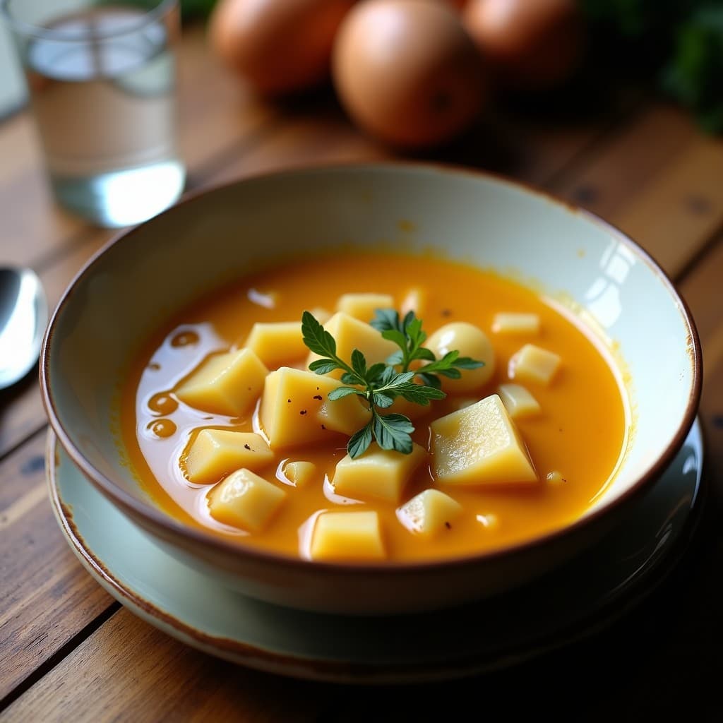 Caldo Gallego auténtico con patatas, grelos y alubias blancas en una olla de barro