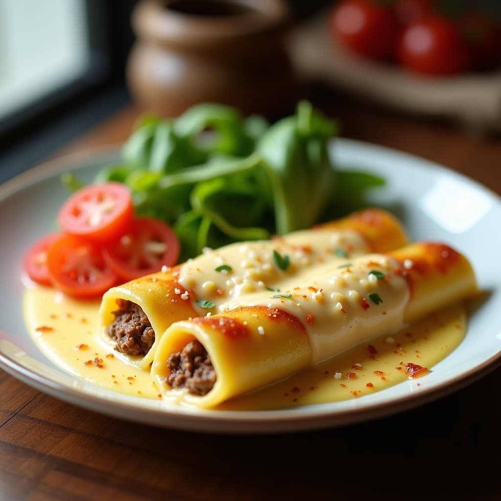 Canelones de carne catalanes recién horneados, con un relleno asado y gratinado con queso Emmental